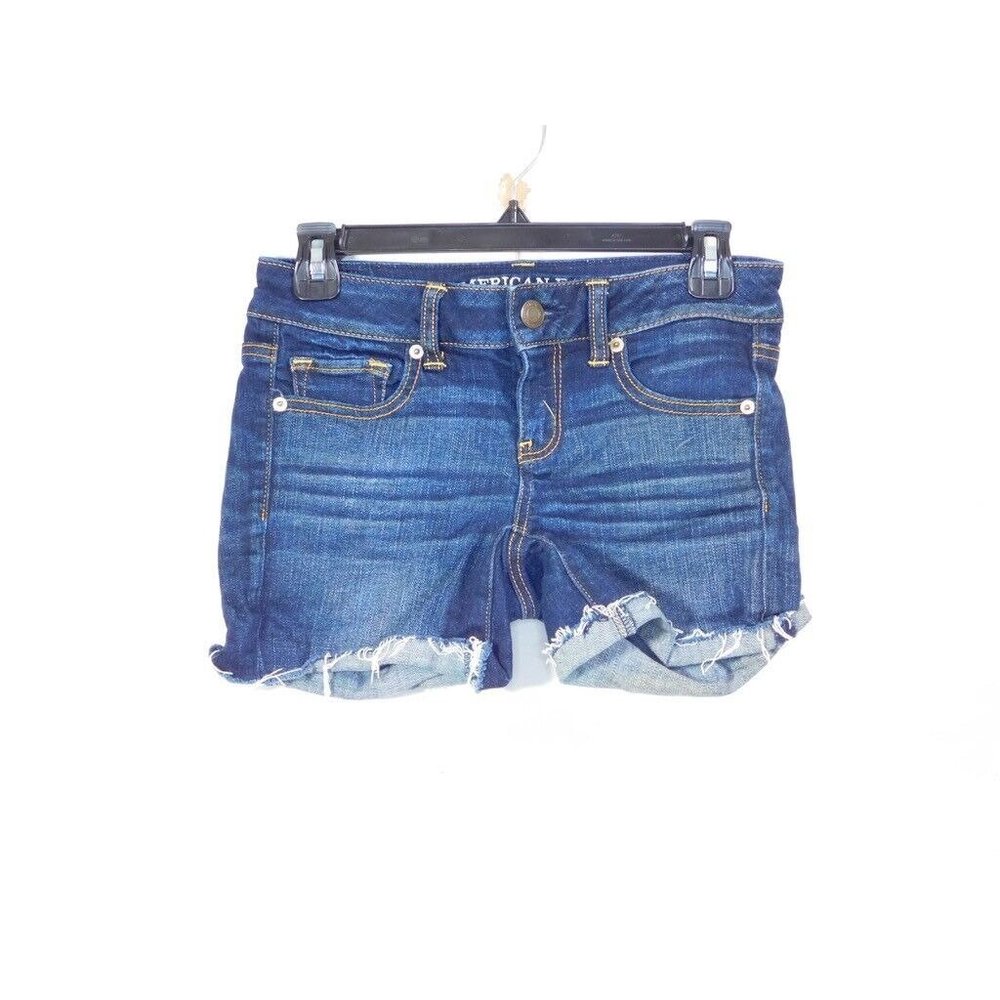 American Eagle Stretch Jean Shorts Dark Wash Blue Low Rise Frayed Edges